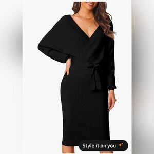 Seta T Women's V Neck Sweater Dress Batwing Sleeve Wrap Backless Knit Fall Midi
